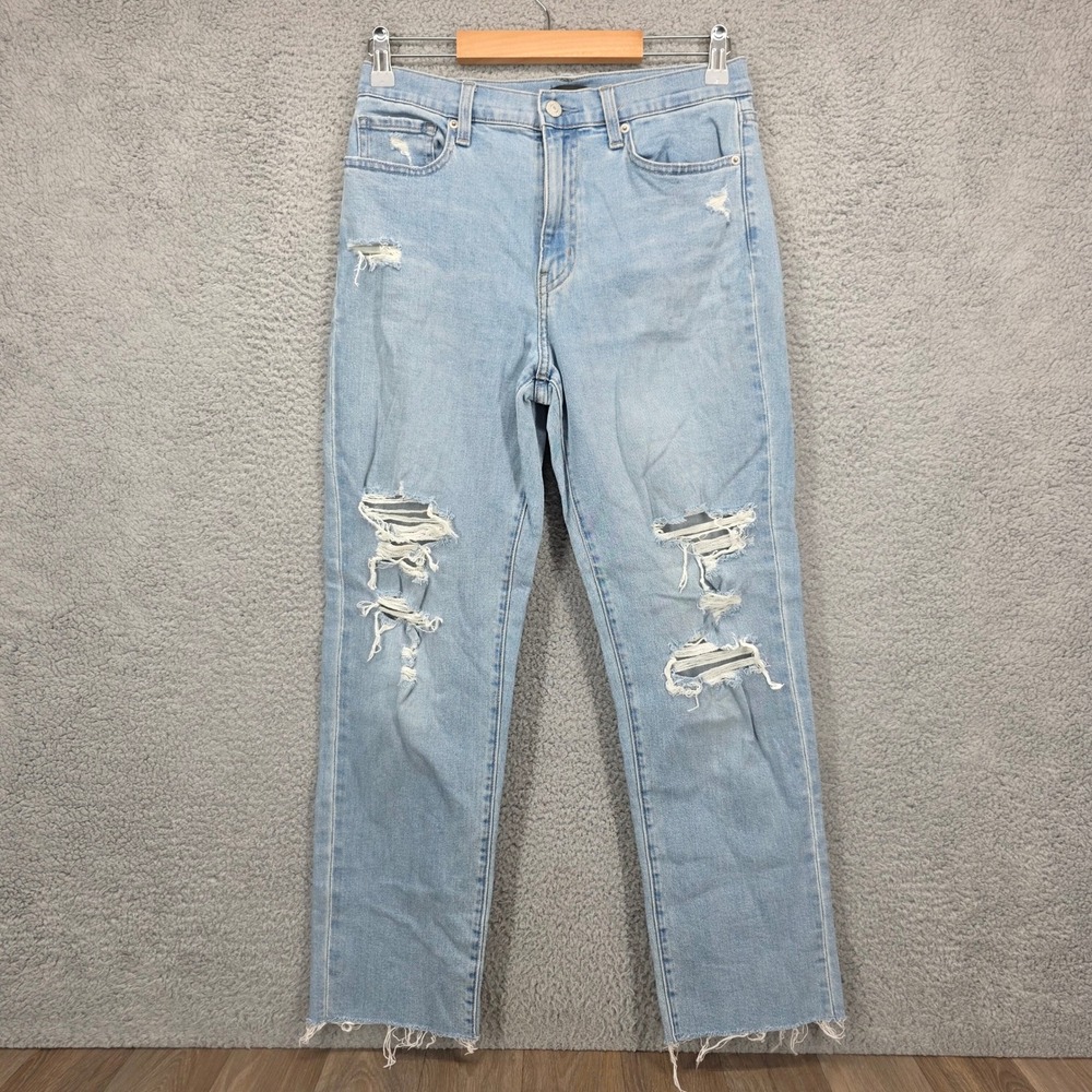Uniqlo Jeans Womens Light Wash Distressed Straight Leg Raw Hem Denim Size 11